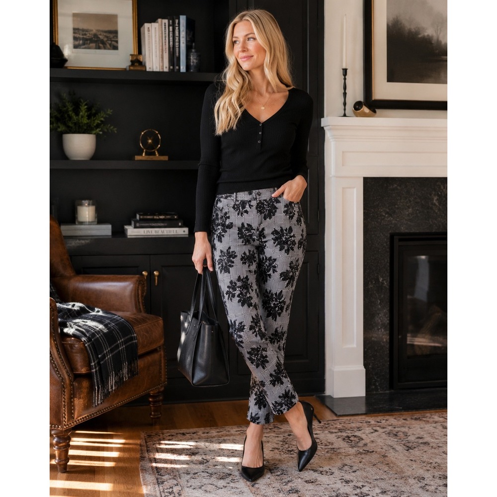 89th + Madison Women's Size 8 Floral Plaid Stretch Ankle Pants Black White